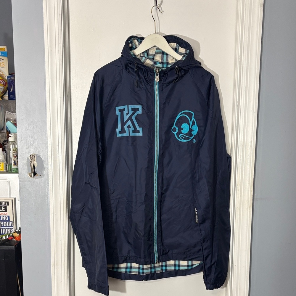 KID ROBOT Captain Navy Hooded Rain Jacket with Baby Blue logos. Men’s sz.L